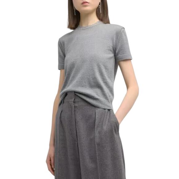 VALENTINO Rhinestone Embellished Short Sleeve Crop Knit Sweater In Grey L - Picture 2 of 15